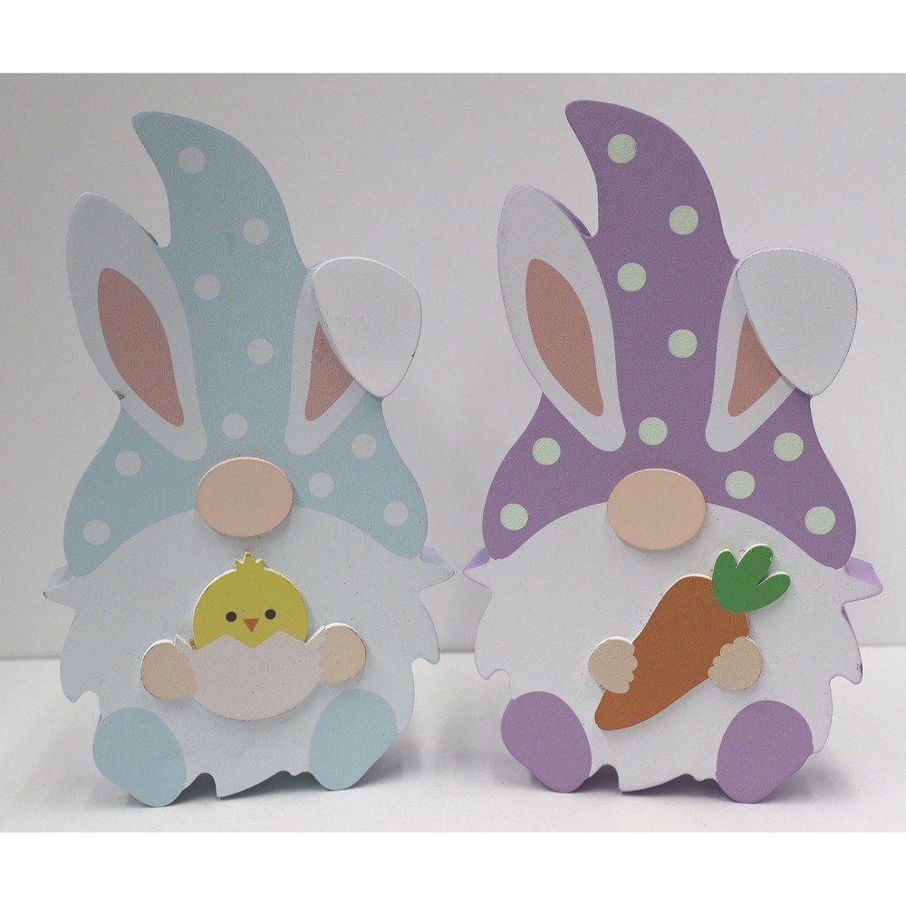 Hobby Lobby Easter Gnome Wood Decor Set 2pc 7.5in Pastel Blue Purple Polka Dot